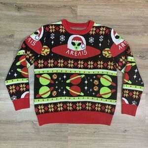 Area 15 Men's XL Alien Santa Ugly Christmas Sweater Green Red Spaceship Planets